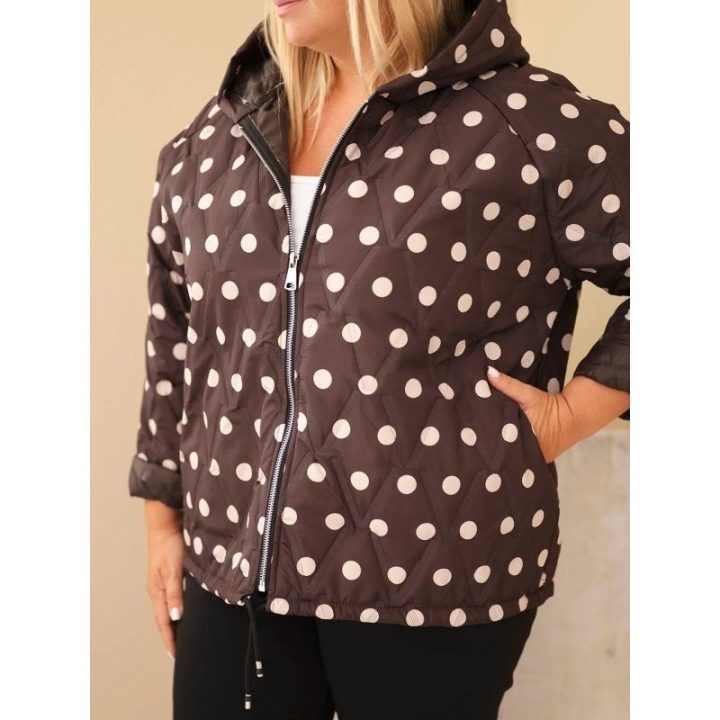 Moteriška Plus Size striukė su gobtuvu ir taškuotu raštu, ruda