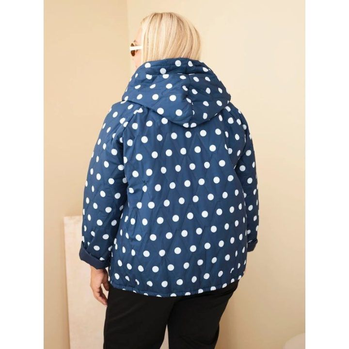 Moteriška Plus Size striukė su gobtuvu ir taškuotu raštu, tamsiai mėlyna