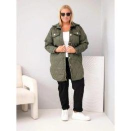 Moteriška Plus Size dygsniuota striukė su apykakle ir kišenėmis, chaki spalvos