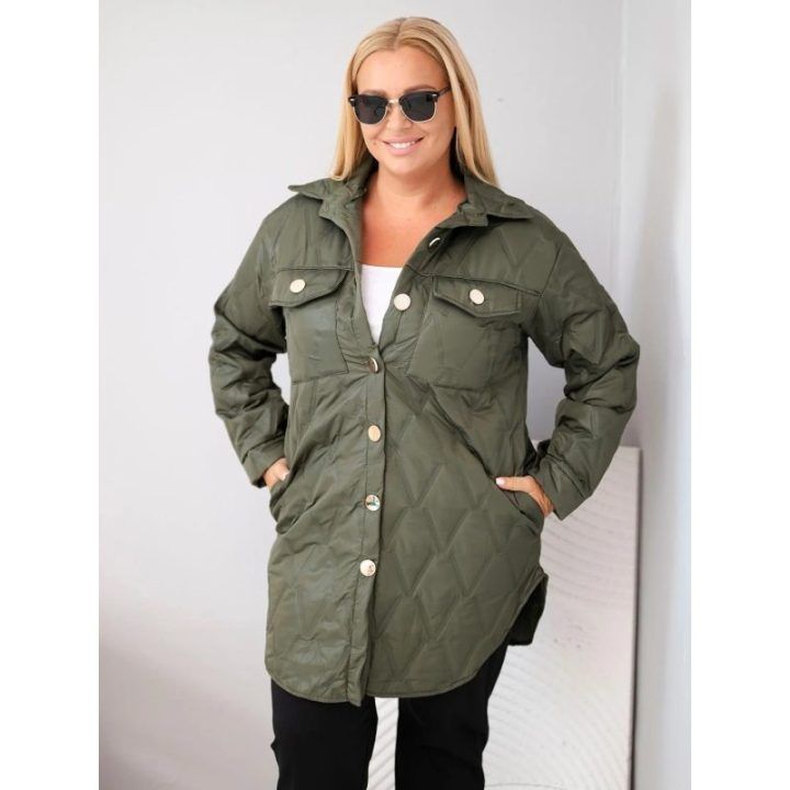 Moteriška Plus Size dygsniuota striukė su apykakle ir kišenėmis, chaki spalvos