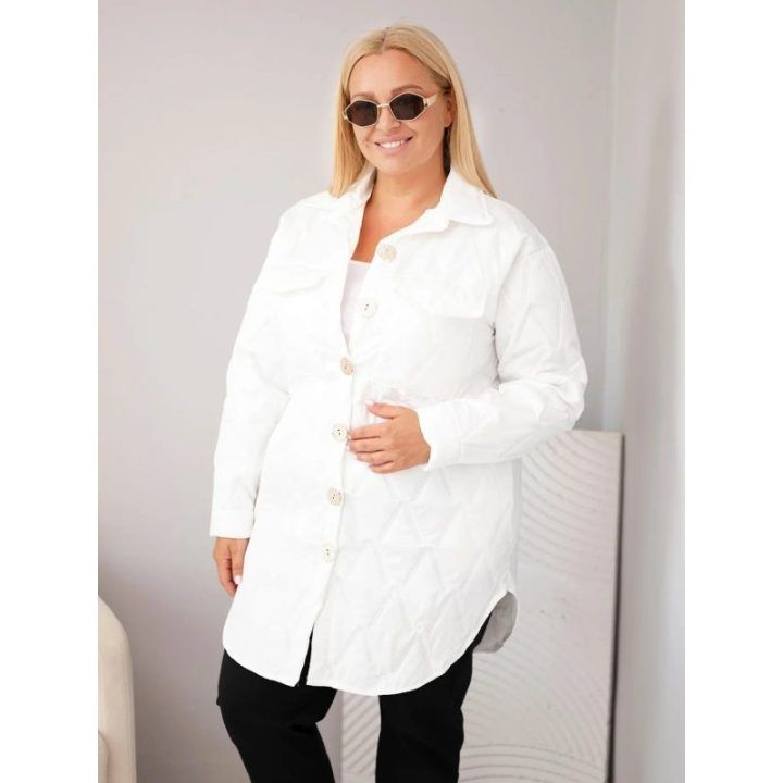Moteriška Plus Size dygsniuota striukė su apykakle ir kišenėmis, balta