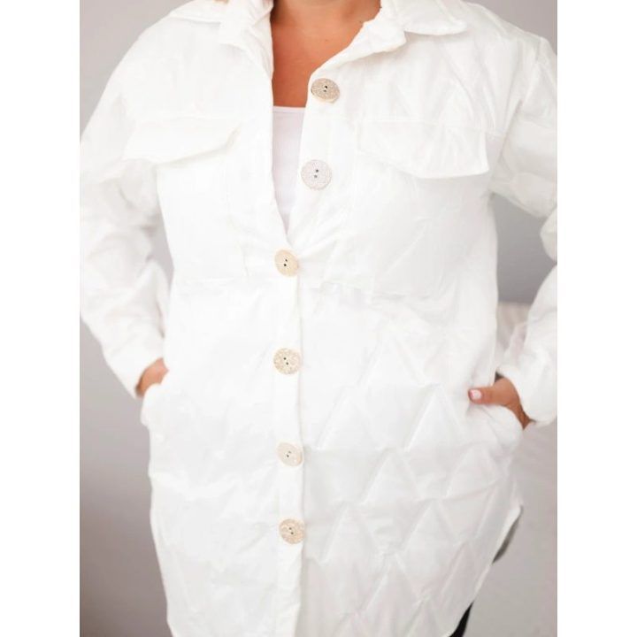 Moteriška Plus Size dygsniuota striukė su apykakle ir kišenėmis, balta