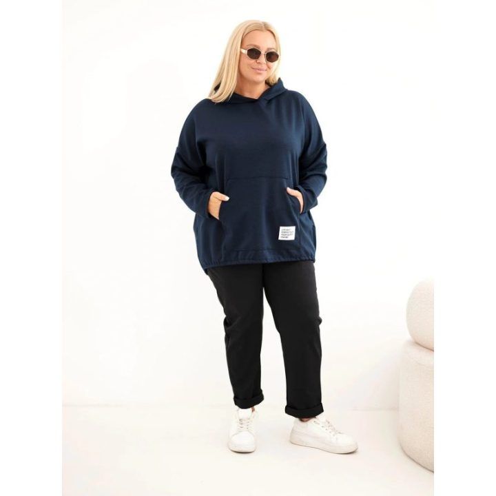 Moteriškas Plus Size džemperis su gobtuvu ir kangūros tipo kišene, tamsiai mėlynas