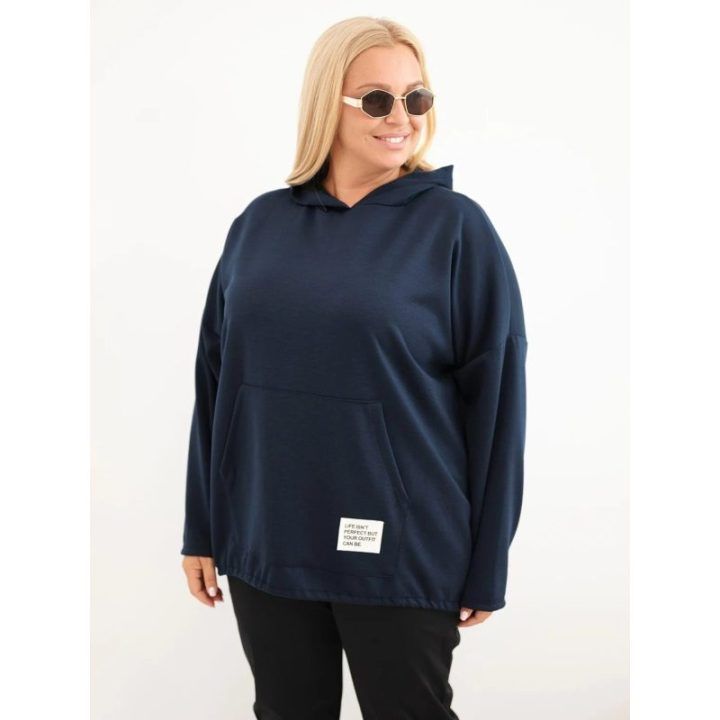 Moteriškas Plus Size džemperis su gobtuvu ir kangūros tipo kišene, tamsiai mėlynas