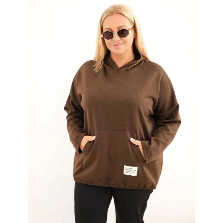 Moteriškas Plus Size džemperis su gobtuvu ir kišene, rudas