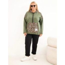 Moteriškas Plus Size džemperis su gobtuvu ir leopardo rašto detalėmis, chaki spalvos
