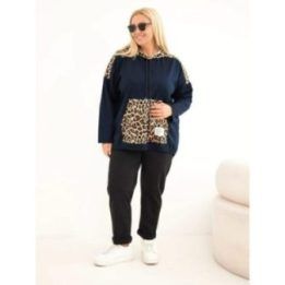 Moteriškas Plus Size džemperis su gobtuvu ir leopardo rašto intarpais, tamsiai mėlynas