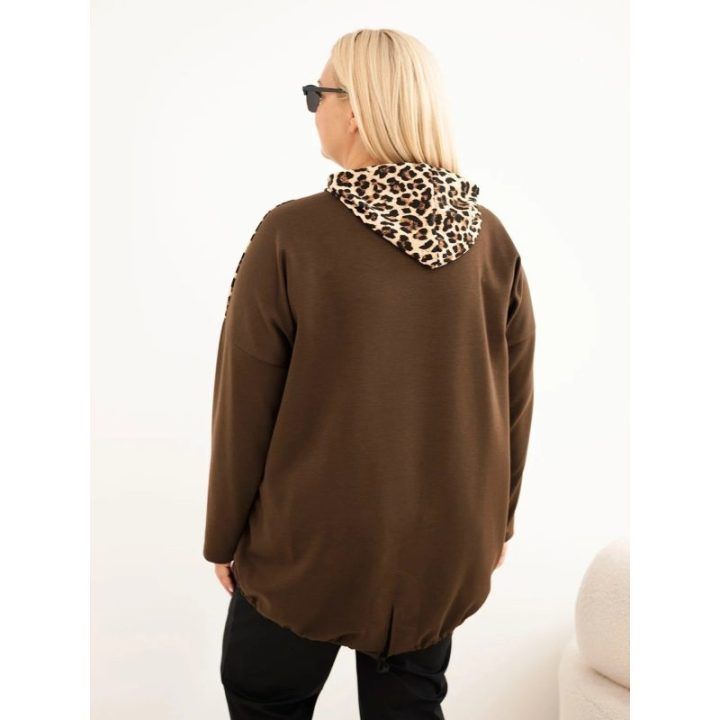 Moteriškas Plus Size džemperis su gobtuvu ir leopardo rašto apdaila, rudas