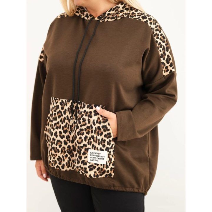 Moteriškas Plus Size džemperis su gobtuvu ir leopardo rašto apdaila, rudas