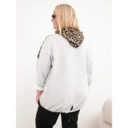 Moteriškas Plus Size džemperis su gobtuvu ir leopardo rašto detalėmis, pilkas