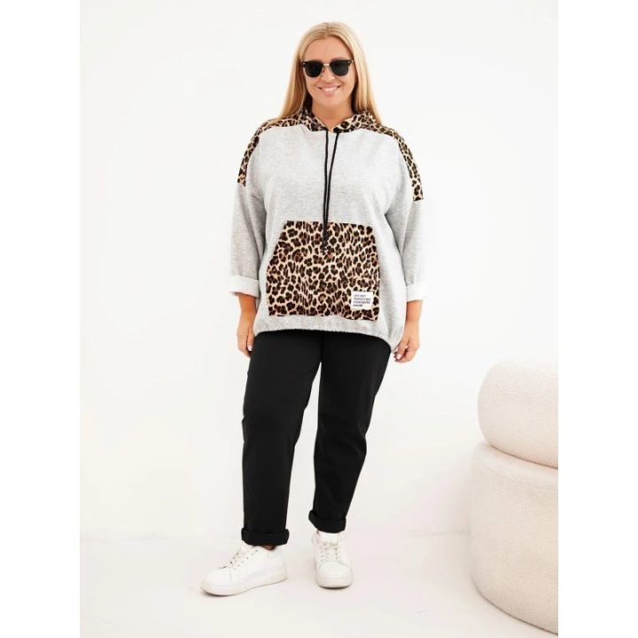 Moteriškas Plus Size džemperis su gobtuvu ir leopardo rašto detalėmis, pilkas