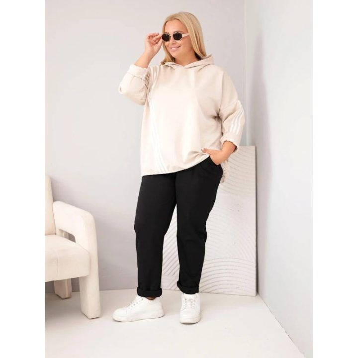 Moteriškas Plus Size džemperis su gobtuvu ir dekoratyvinėmis juostomis, smėlio spalvos