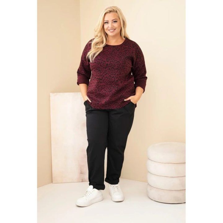 Moteriška Plus Size leopardo rašto palaidinė su ilgesne nugara, burgundiškos spalvos