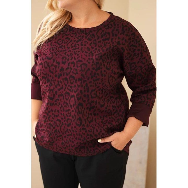 Moteriška Plus Size leopardo rašto palaidinė su ilgesne nugara, burgundiškos spalvos