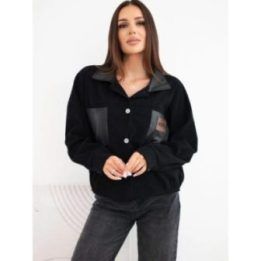 Moteriška juoda štruksinė striukė su kišenėmis ir kontrastais