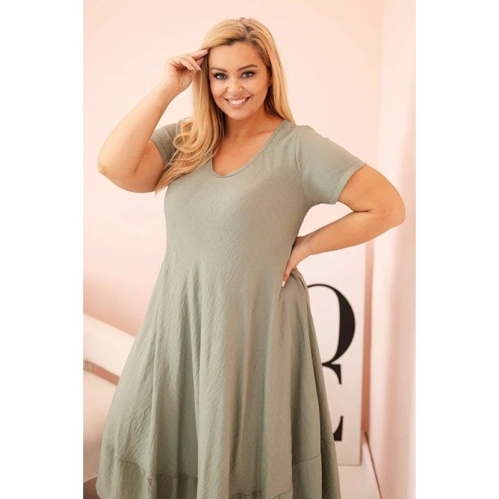 Moteriška Plus Size chaki suknelė su trumpomis rankovėmis ir raukinuku
