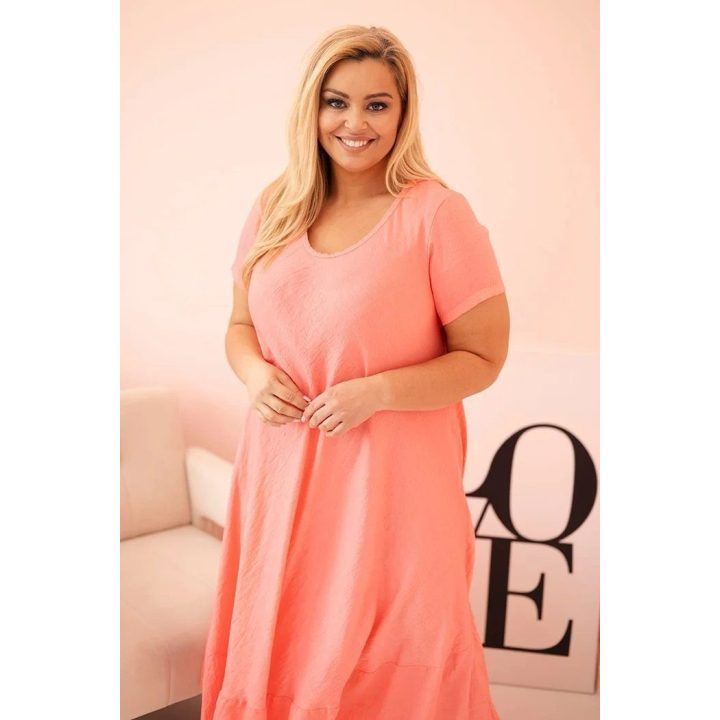 Moteriška Plus Size suknelė su trumpomis rankovėmis ir raukiniais, rožinės spalvos