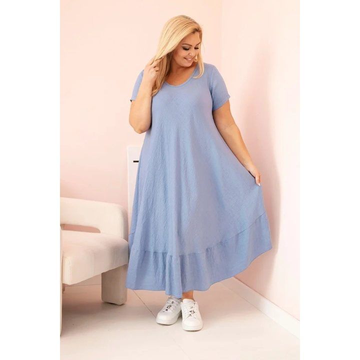 Moteriška Plus Size suknelė su trumpomis rankovėmis ir raukiniu, mėlynos spalvos