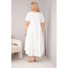 Moteriška Plus Size balta suknelė iš viskozės su trumpomis rankovėmis ir raukiniu