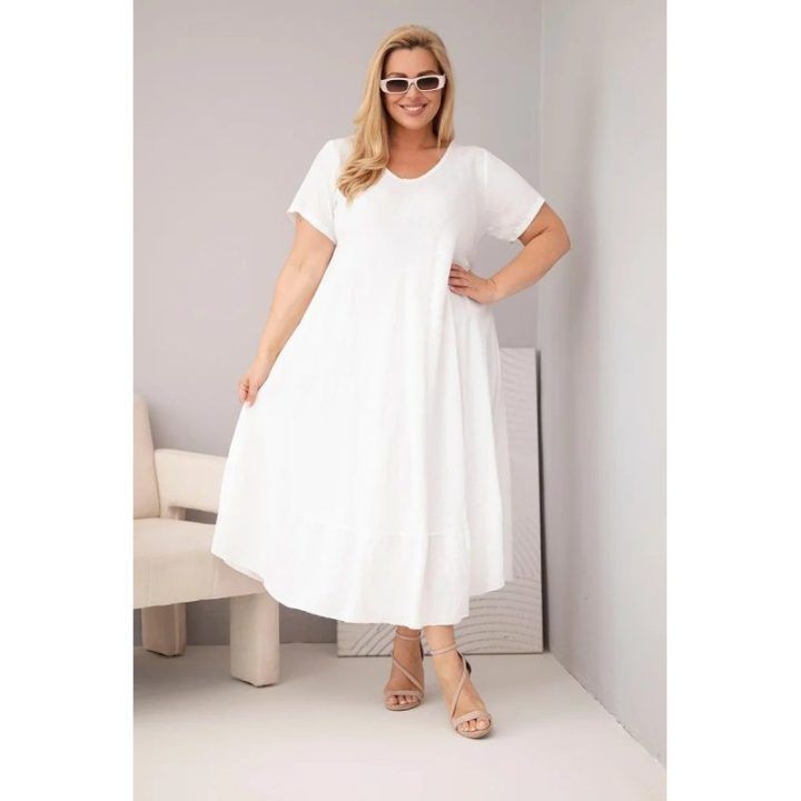 Moteriška Plus Size balta suknelė iš viskozės su trumpomis rankovėmis ir raukiniu