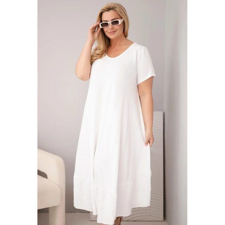 Moteriška Plus Size balta suknelė iš viskozės su trumpomis rankovėmis ir raukiniu