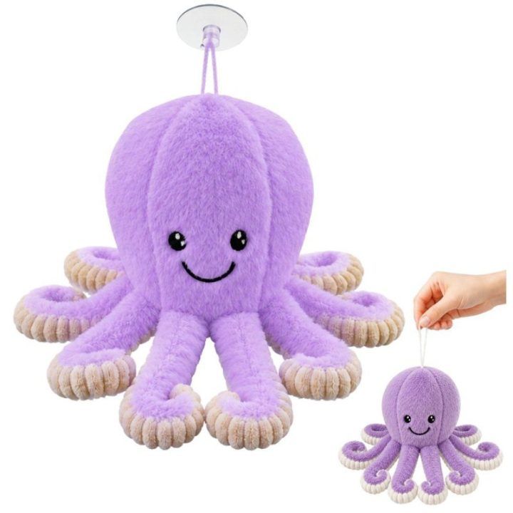 Violetinis pliušinis aštuonkojis su siurbtuku, 16 cm