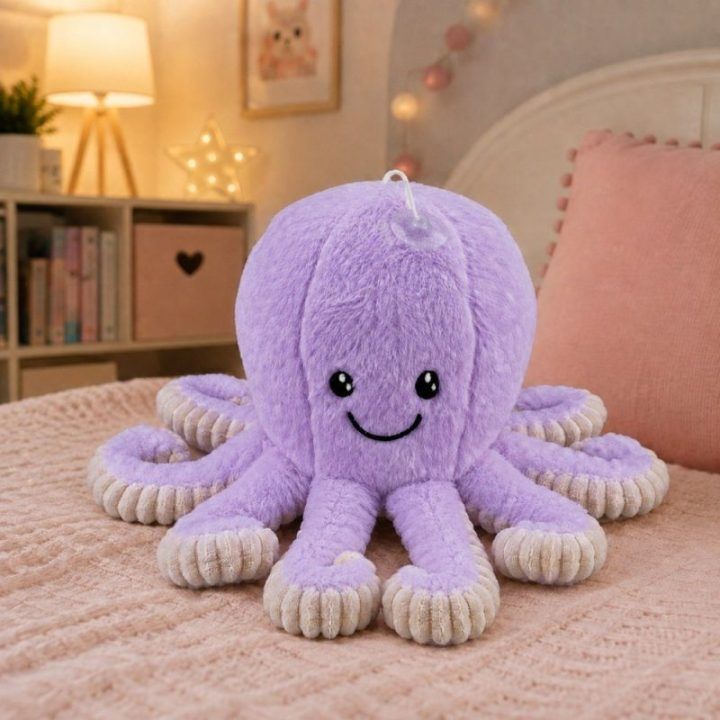 Violetinis pliušinis aštuonkojis su siurbtuku, 16 cm