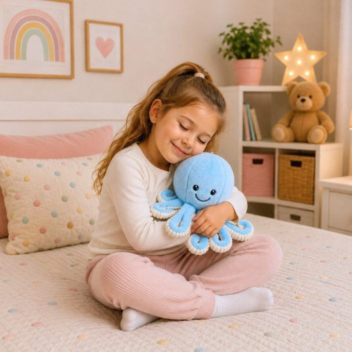 Mėlynas pliušinis aštuonkojis su elastingais čiuptuvais, 30 cm