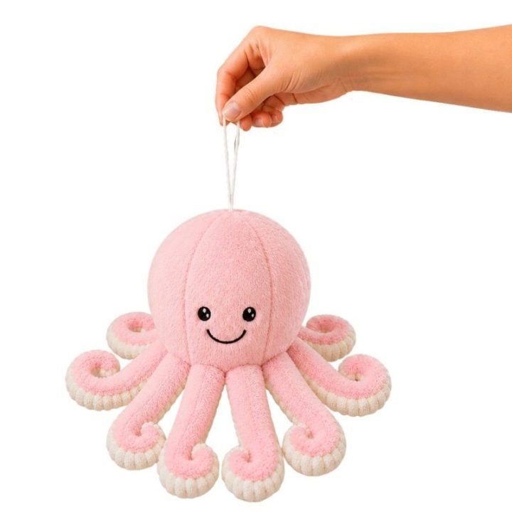 Rožinis pliušinis aštuonkojis su elastingais čiuptuvais, 30 cm