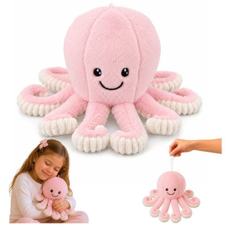 Rožinis pliušinis aštuonkojis su elastingais čiuptuvais, 30 cm