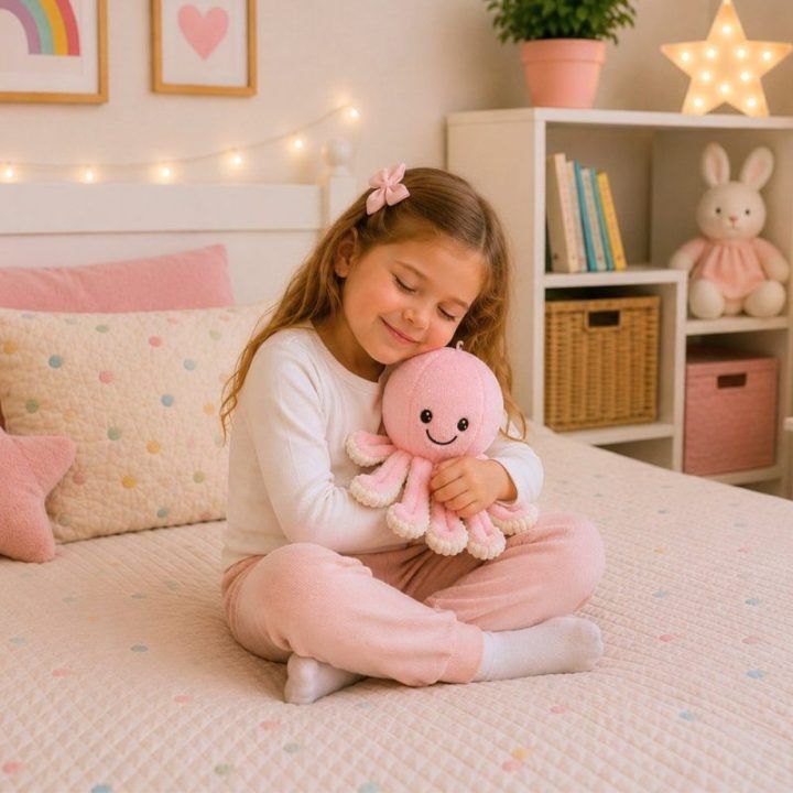 Rožinis pliušinis aštuonkojis su elastingais čiuptuvais, 30 cm