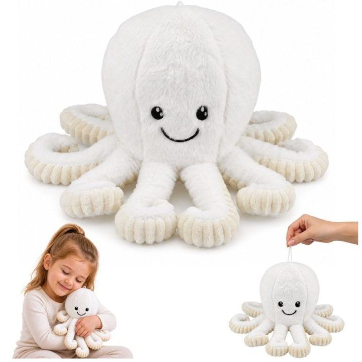 Baltas pliušinis aštuonkojis su elastingais čiuptuvais, 30 cm