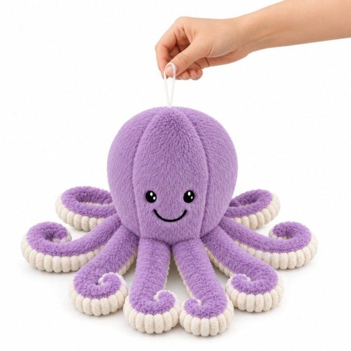 Violetinis pliušinis aštuonkojis su lanksčiais čiuptuvais, 50 cm