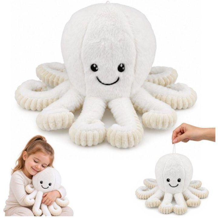 Baltas pliušinis aštuonkojis su elastingais čiuptuvais, 50 cm