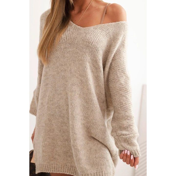 Moteriška Plus Size suknelė su V formos iškirpte, tamsiai smėlio spalvos