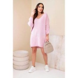 Moteriška Plus Size vilnonė suknelė su V formos iškirpte, šviesiai rožinė