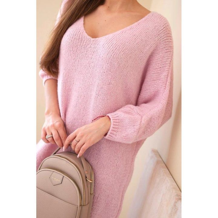 Moteriška Plus Size vilnonė suknelė su V formos iškirpte, šviesiai rožinė