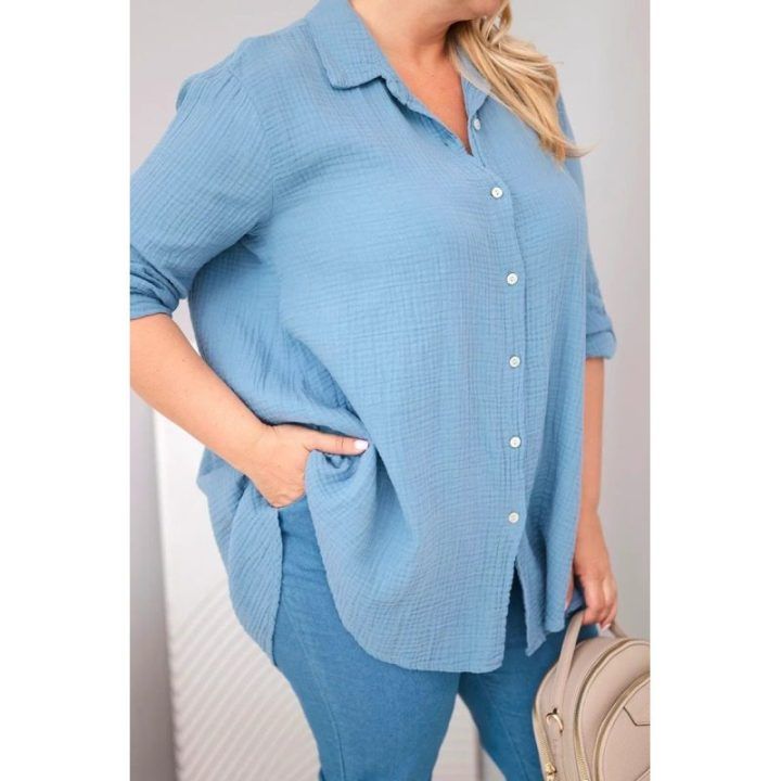 Moteriški Plus Size medvilniniai muslino marškiniai, tamsiai mėlynos spalvos