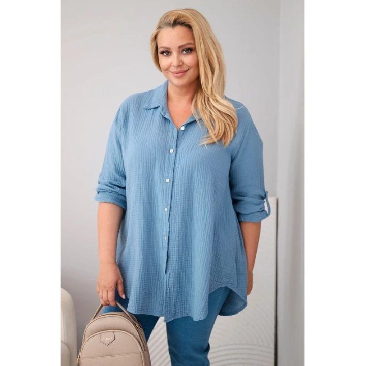 Moteriški Plus Size medvilniniai muslino marškiniai, tamsiai mėlynos spalvos