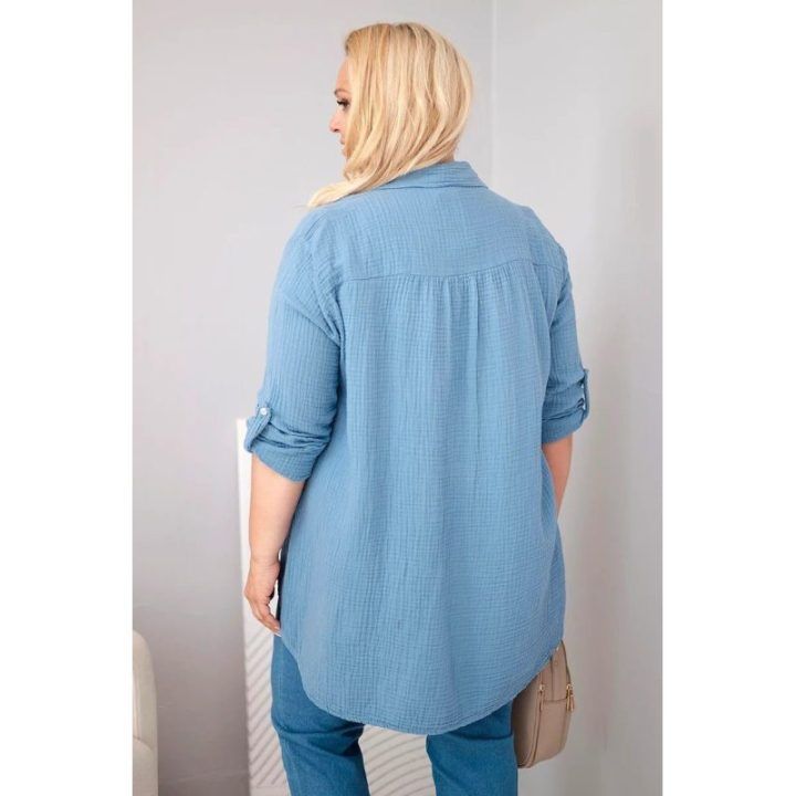 Moteriški Plus Size medvilniniai muslino marškiniai, tamsiai mėlynos spalvos