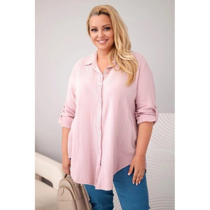 Moteriška Plus Size muslino palaidinė, pudrinės rožinės spalvos