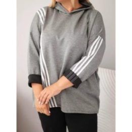 Moteriškas Plus Size džemperis su gobtuvu ir dekoratyvinėmis juostomis, tamsiai pilkas