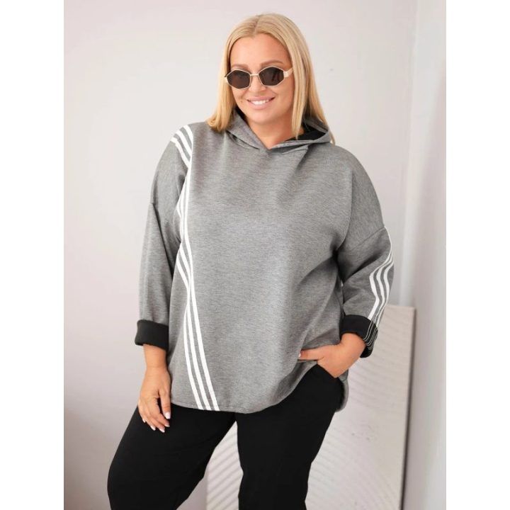 Moteriškas Plus Size džemperis su gobtuvu ir dekoratyvinėmis juostomis, tamsiai pilkas