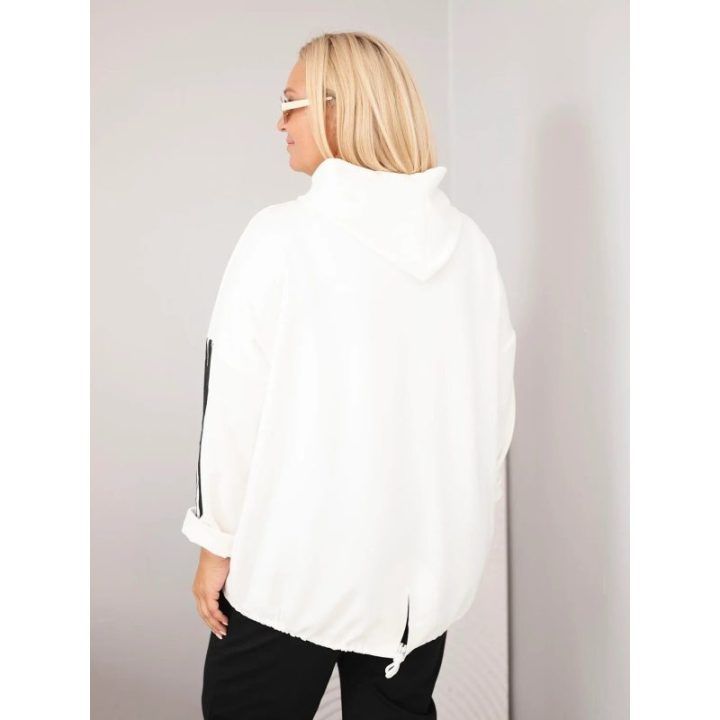 Moteriška Plus Size džemperis su gobtuvu ir dekoratyvinėmis juostomis, ekru spalvos