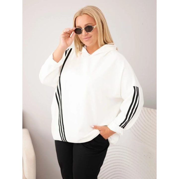 Moteriška Plus Size džemperis su gobtuvu ir dekoratyvinėmis juostomis, ekru spalvos