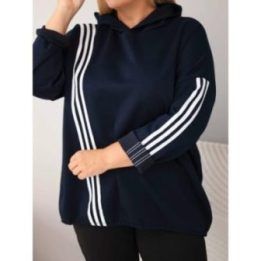 Moteriška Plus Size džemperio su gobtuvu su dekoratyvinėmis juostomis, tamsiai mėlynos spalvos