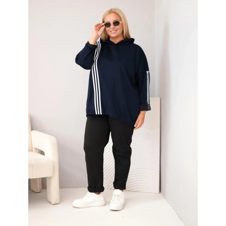Moteriška Plus Size džemperio su gobtuvu su dekoratyvinėmis juostomis, tamsiai mėlynos spalvos