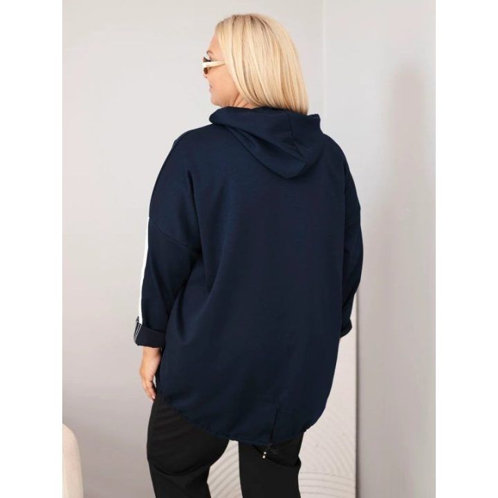 Moteriška Plus Size džemperio su gobtuvu su dekoratyvinėmis juostomis, tamsiai mėlynos spalvos