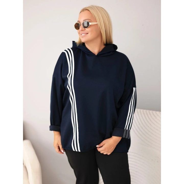 Moteriška Plus Size džemperio su gobtuvu su dekoratyvinėmis juostomis, tamsiai mėlynos spalvos