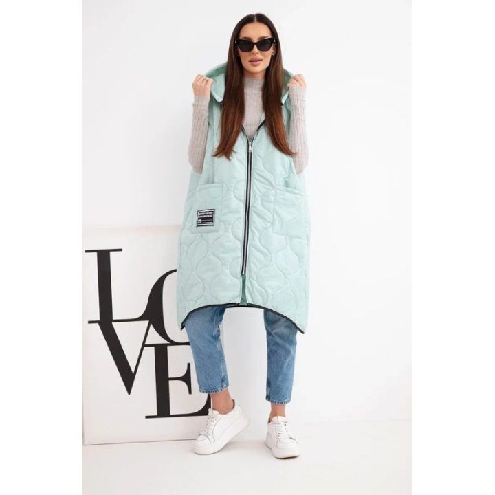 Moteriška Plus Size dygsniuota liemenė su gobtuvu, mėtų spalvos